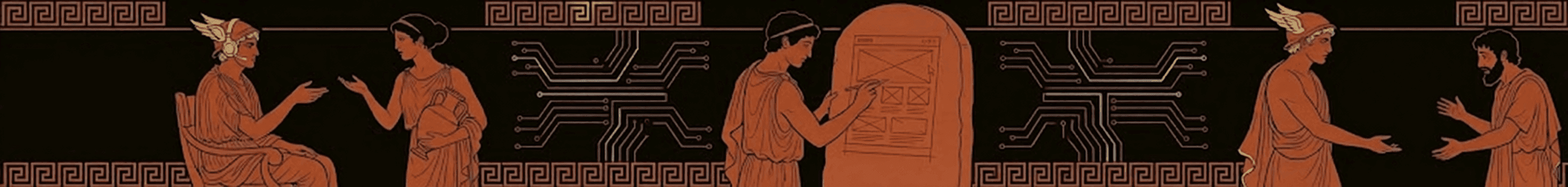 Red-figure Greek vase frieze: three scenes of the process — user research, product design and the launch delivered by Hermes — joined by meanders that turn into circuit traces.